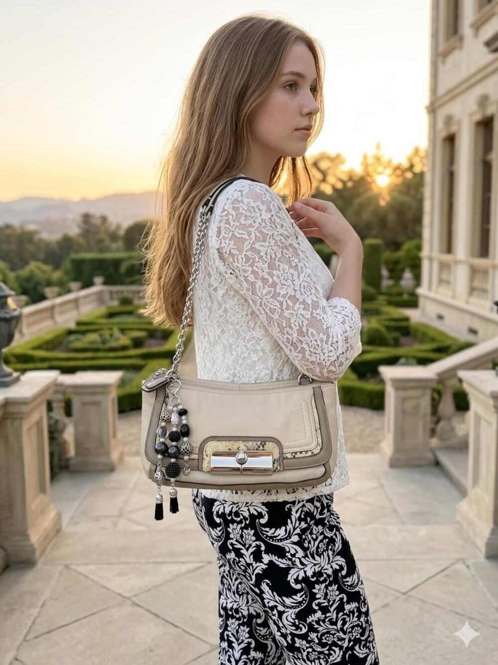 Vtg COACH Kristin spectator cream/gray leather Y2K Demi mini shoulder bag 16865